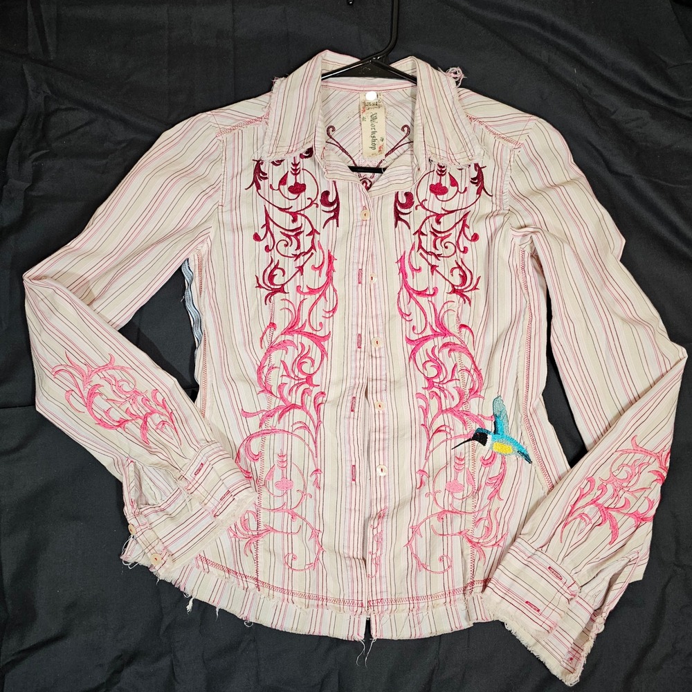 3J Workshop Johnny Was Alonza Embroidered Hummingbird Striped Shirt XL #5034